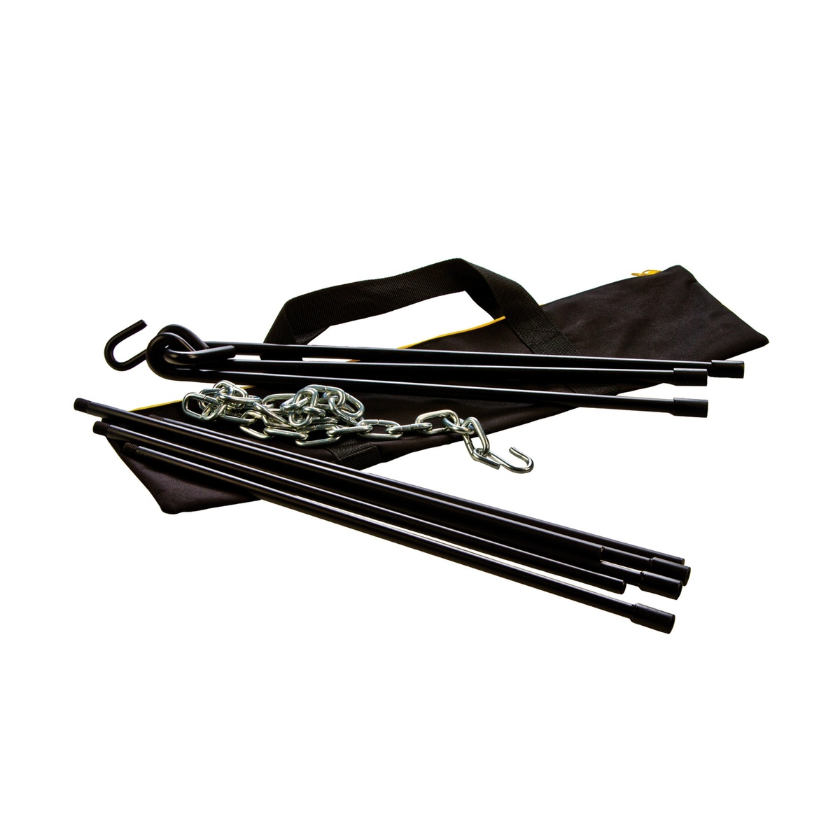 Lodge Adjustable Camp Tripod disassembled showing steel leg segments, stainless steel chain, S-hooks, and tote bag