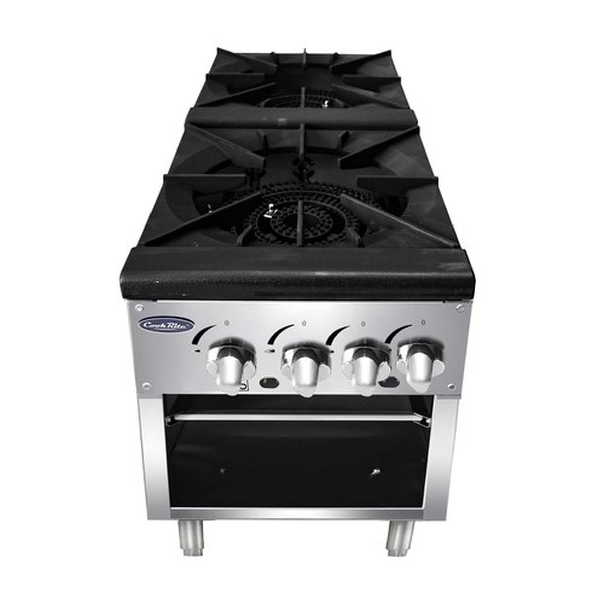 Atosa double stock pot stove with two cast iron top grates and four front control knobs