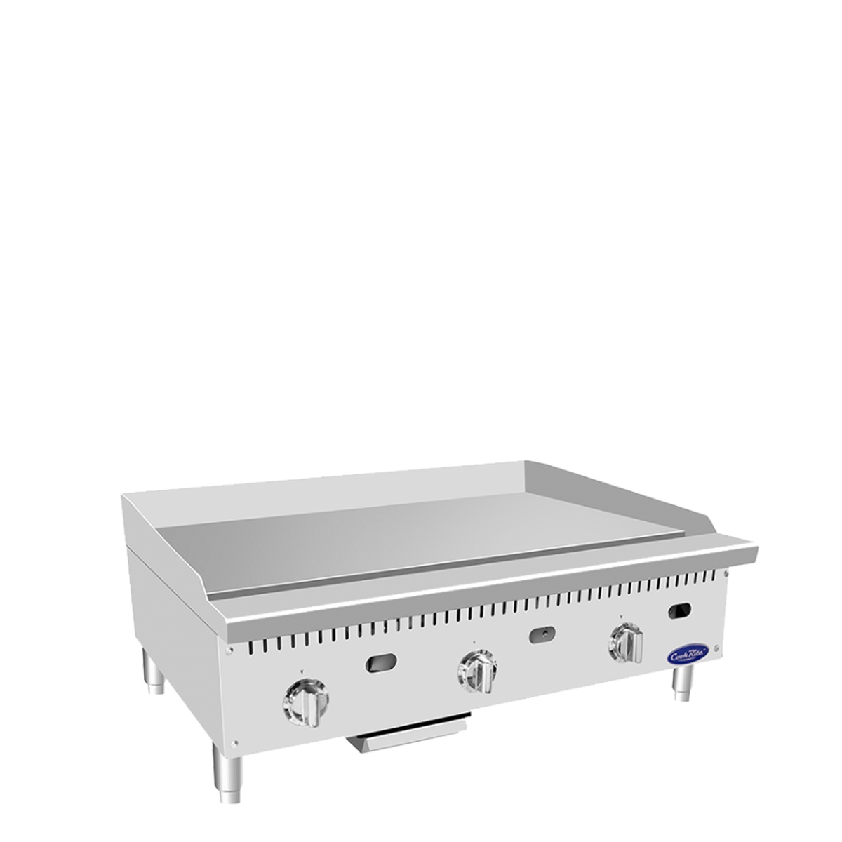 Angled view of Atosa CookRite ATTG-36 griddle with three control knobs