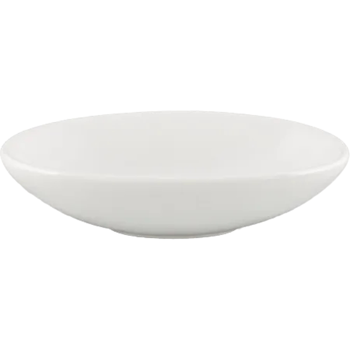 Vertex China AV-B22 bright white oval porcelain bowl, 16 oz, 8 inch, top-down view on white background