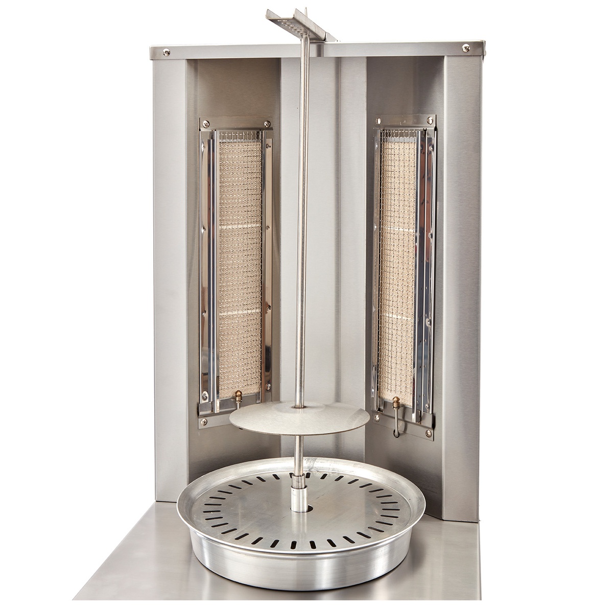 Close-up of AVB-2 vertical broiler showing dual infrared burner panels and grease pan