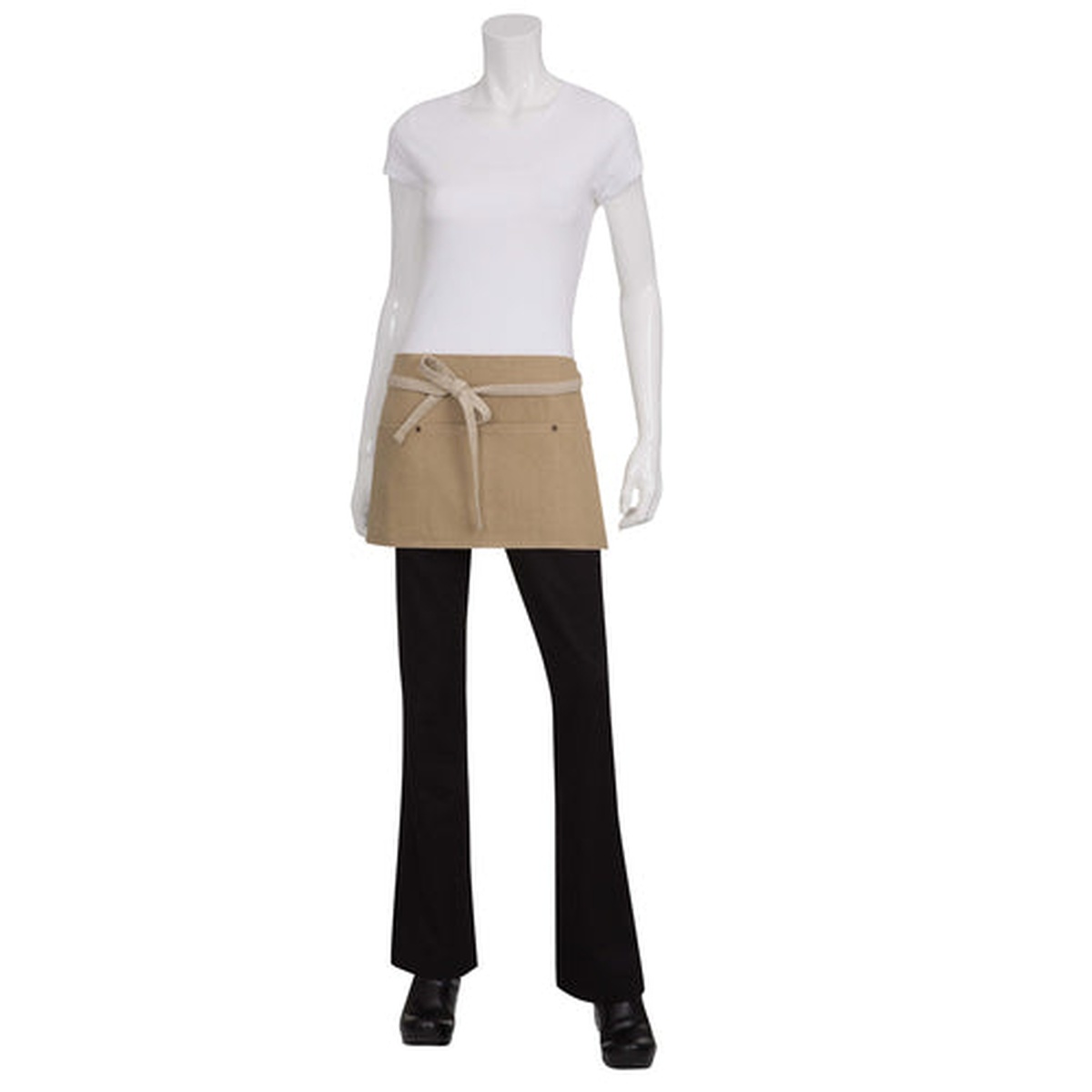 Chef Works Austin Waist Apron in natural khaki cotton denim worn on a mannequin, showing triple front pockets and reversed tie with grommets