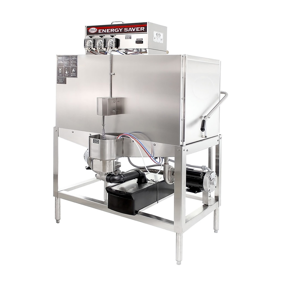 CMA Dishmachines Model B door-type dishwasher angled view showing stainless body and top-mounted controls