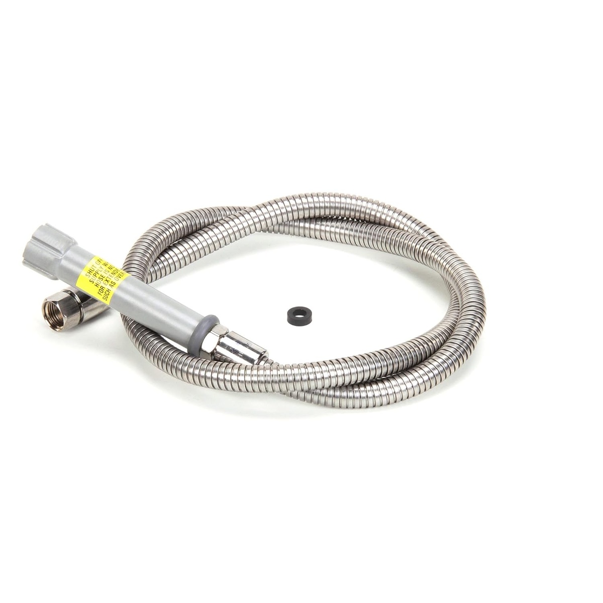 Close-up of T&S Brass B-0056-H hose showing gray heat-resistant handle and female threaded connectors