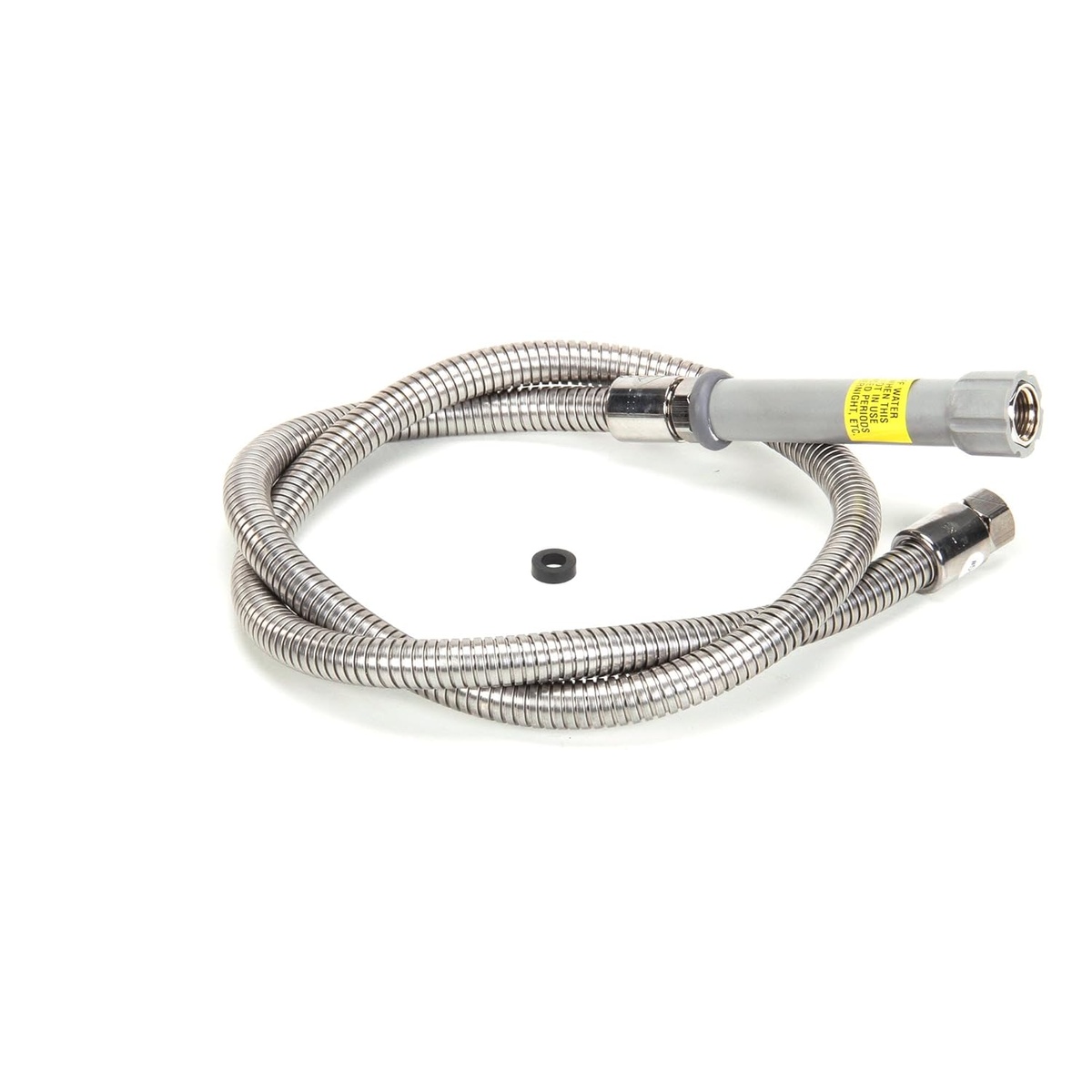 T&S Brass B-0056-H hose showing both threaded end fittings, gray handle, and full hose body