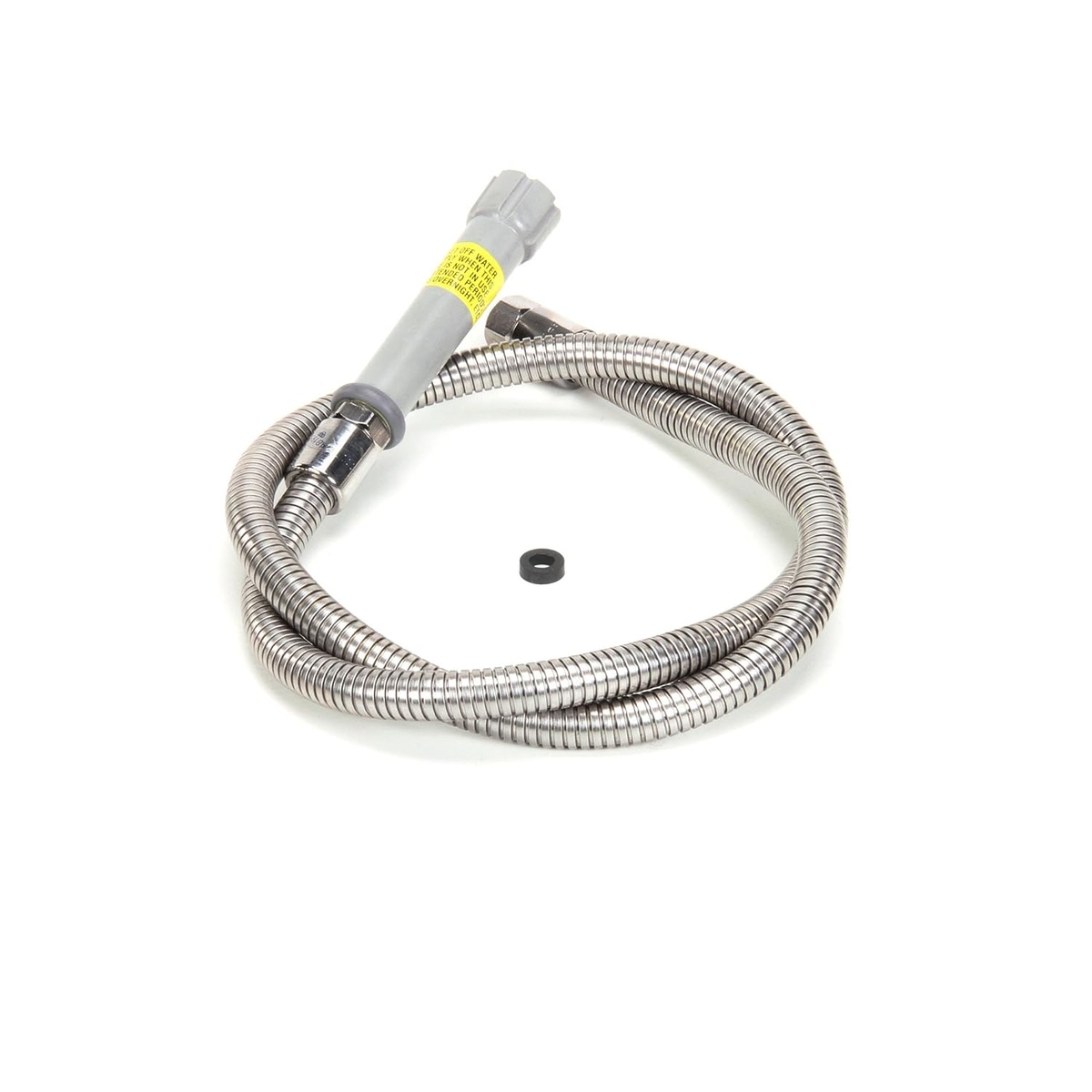 T&S Brass B-0056-H stainless steel hose laid out showing full length and gray handle with label