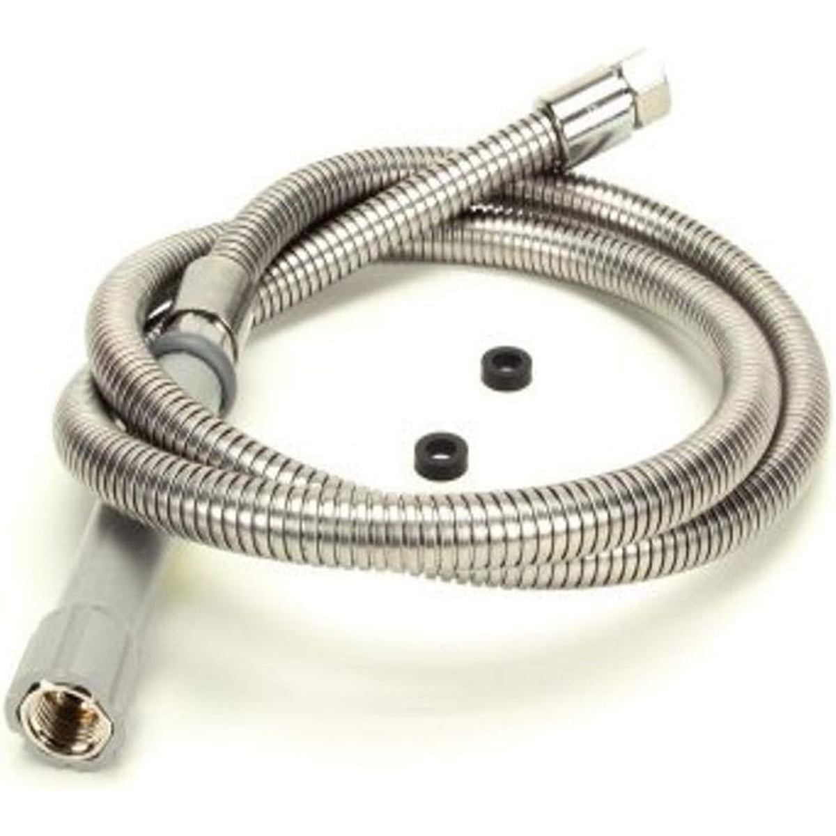 T&S Brass B-0068-H 68-inch flexible stainless steel hose coiled with gray handle and rubber washers