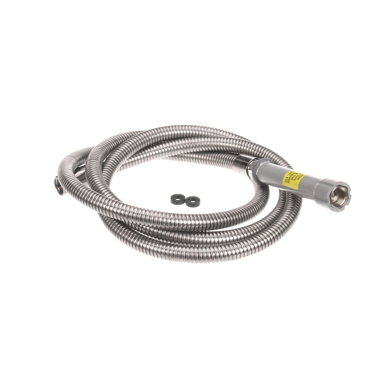 T&S Brass B-0096-H 96-inch flexible stainless steel hose coiled with gray handle and washers