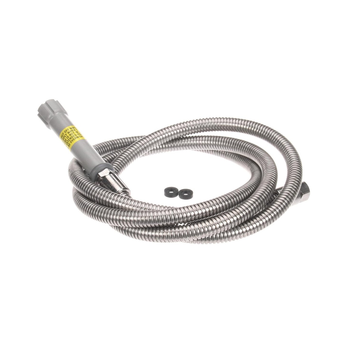 T&S Brass B-0096-H hose fully extended showing gray handle, chrome connector, and washers