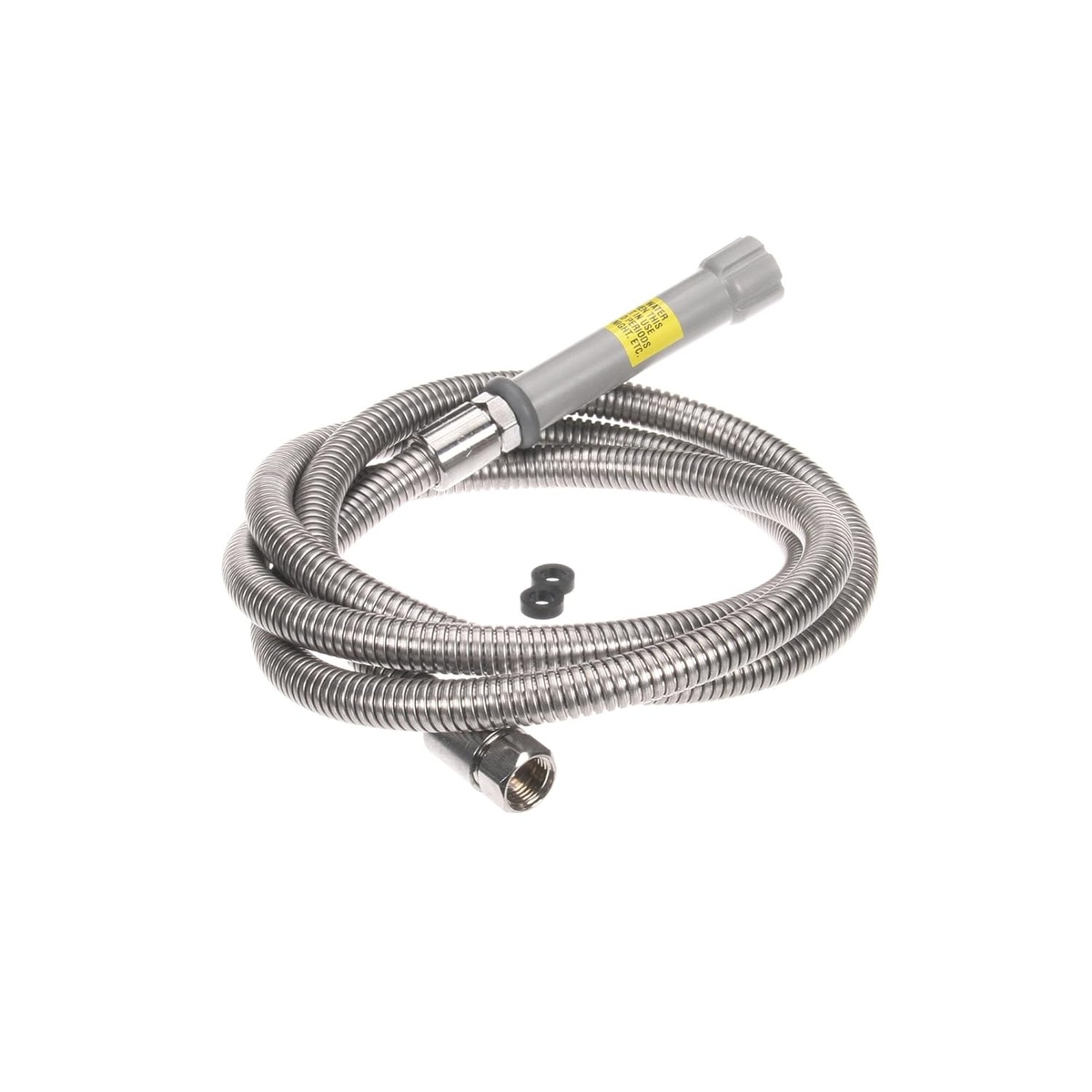 T&S Brass flexible stainless steel hose coiled showing chrome end fitting and gray handle with washers
