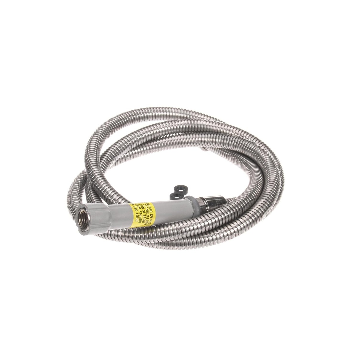T&S Brass flexible stainless steel hose showing gray handle end and chrome fittings