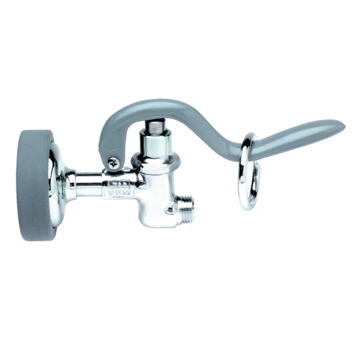 T&S Brass B-0107 polished chrome pre-rinse spray valve with gray rubber bumper and hold-down ring