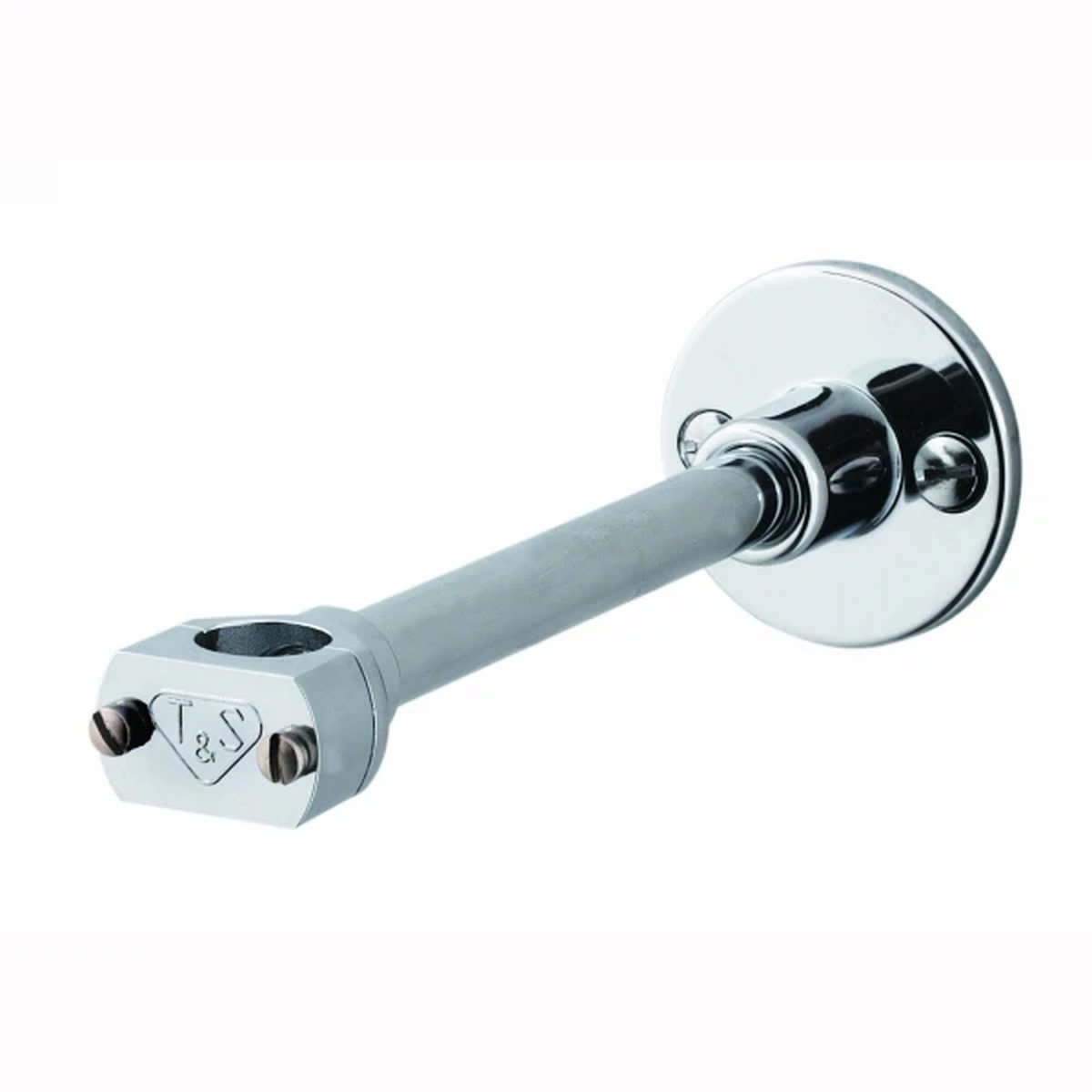 T&S Brass B-0109-01 6-inch polished chrome wall bracket assembly with round wall flange and pipe clamp end