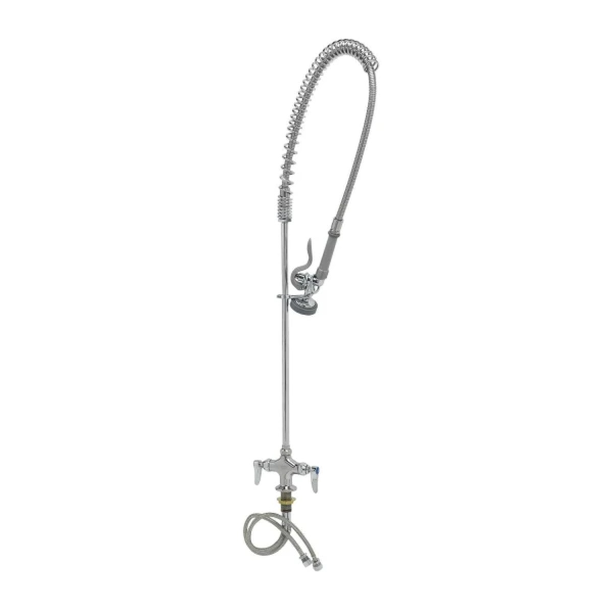 T&S Brass B-0113 EasyInstall Pre-Rinse Unit with overhead spring, flexible stainless hose, spray valve, and deck-mount single-hole base in polished chrome