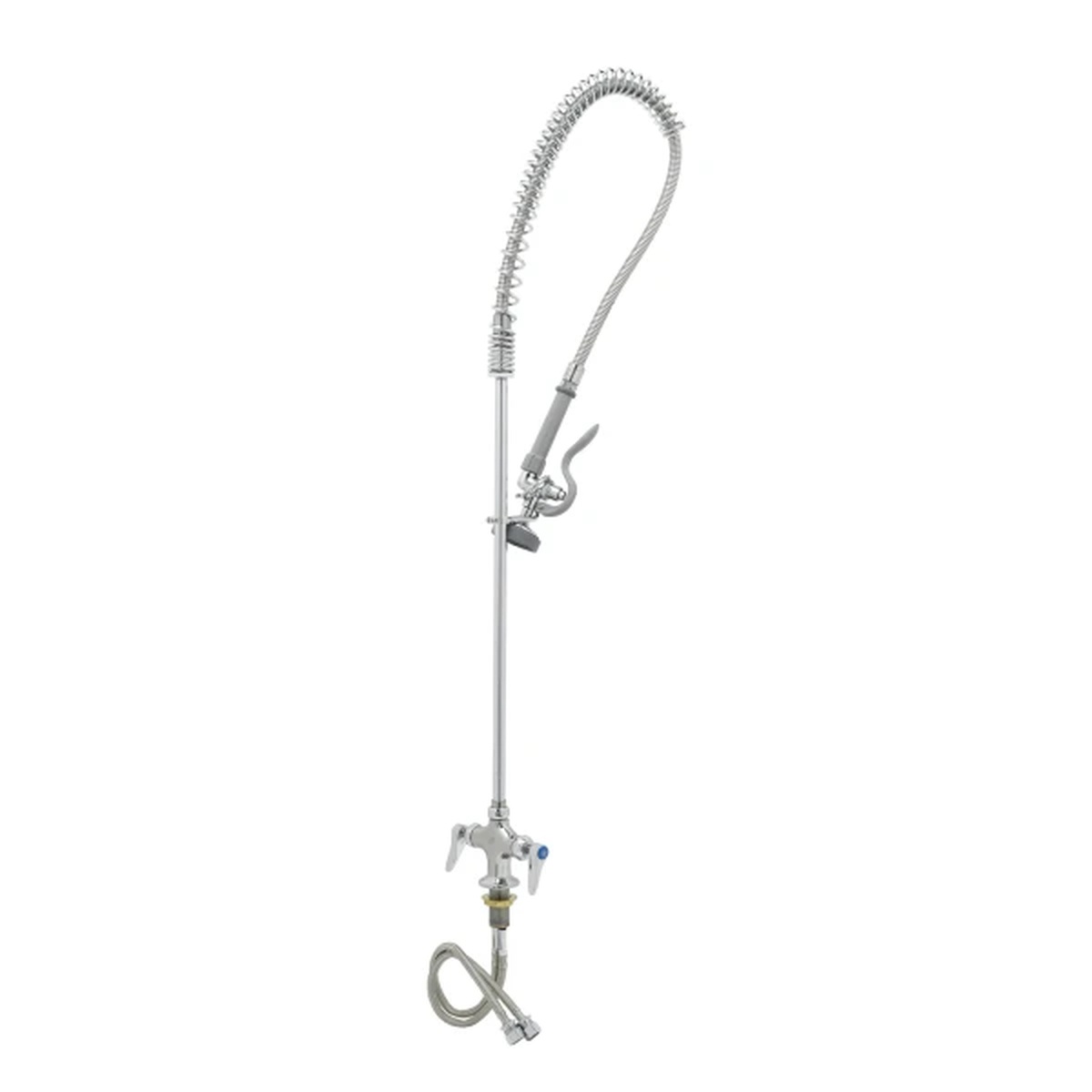 T&S Brass B-0113-CR pre-rinse unit with overhead spring, 44-inch stainless steel hose, spray valve, and lever handles on white background