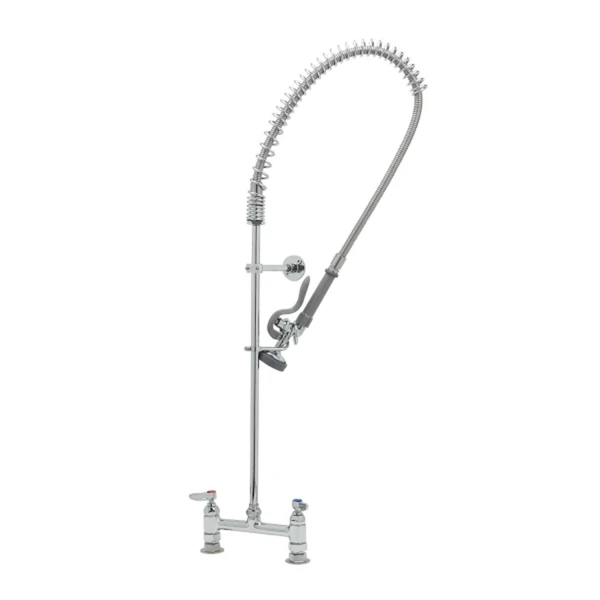 T&S Brass B-0123-B EasyInstall pre-rinse unit with spring overhead, flexible stainless steel hose, spray valve, and deck mount base on white background