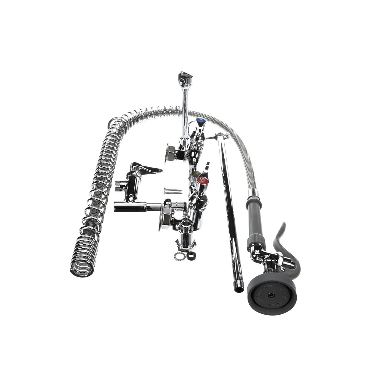 T&S Brass pre-rinse faucet components from alternate angle showing coil spring, flex hose, riser, faucet body with lever handles, and spray assembly