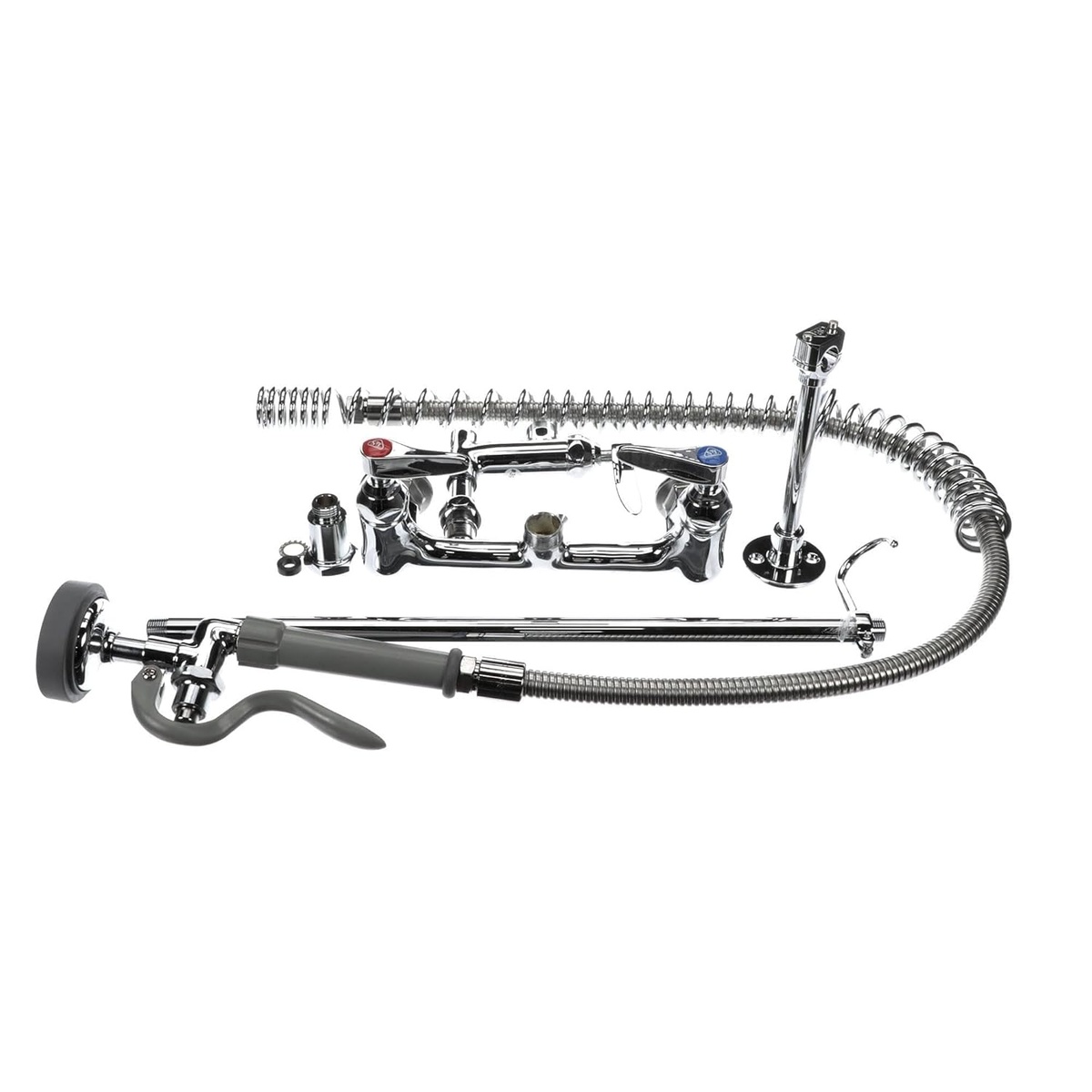 T&S Brass B-0133-ADF-LN pre-rinse faucet kit components laid out including spray valve, coil spring, flexible hose, faucet body, and wall bracket