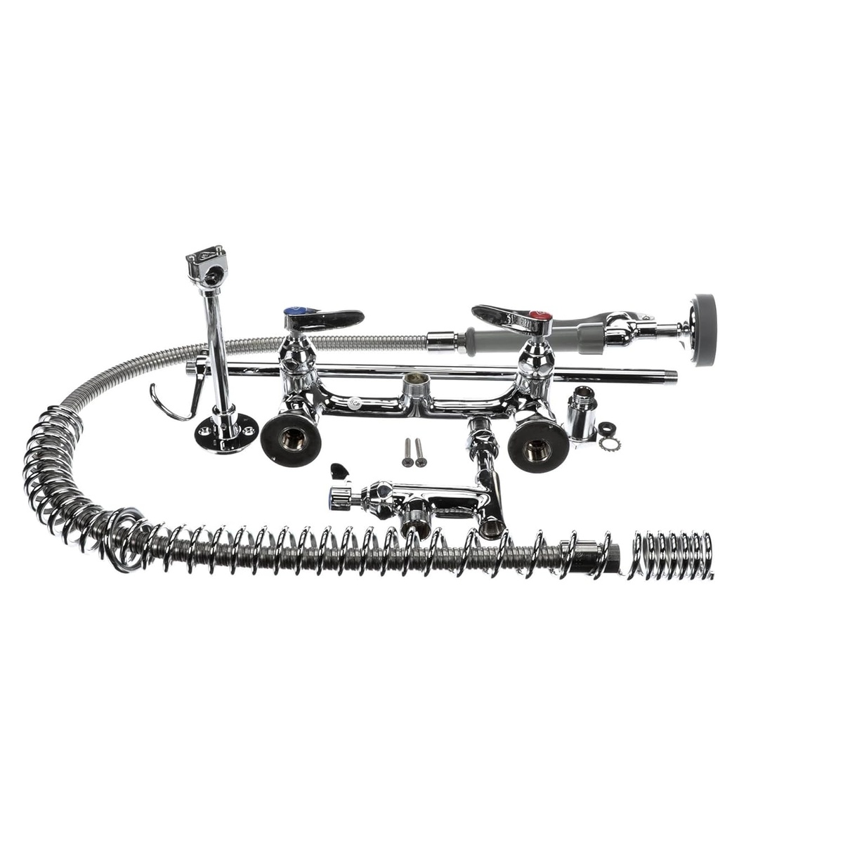 T&S Brass pre-rinse faucet kit spread out showing overhead coil spring, stainless steel flex hose, faucet base, add-on faucet component, and spray head