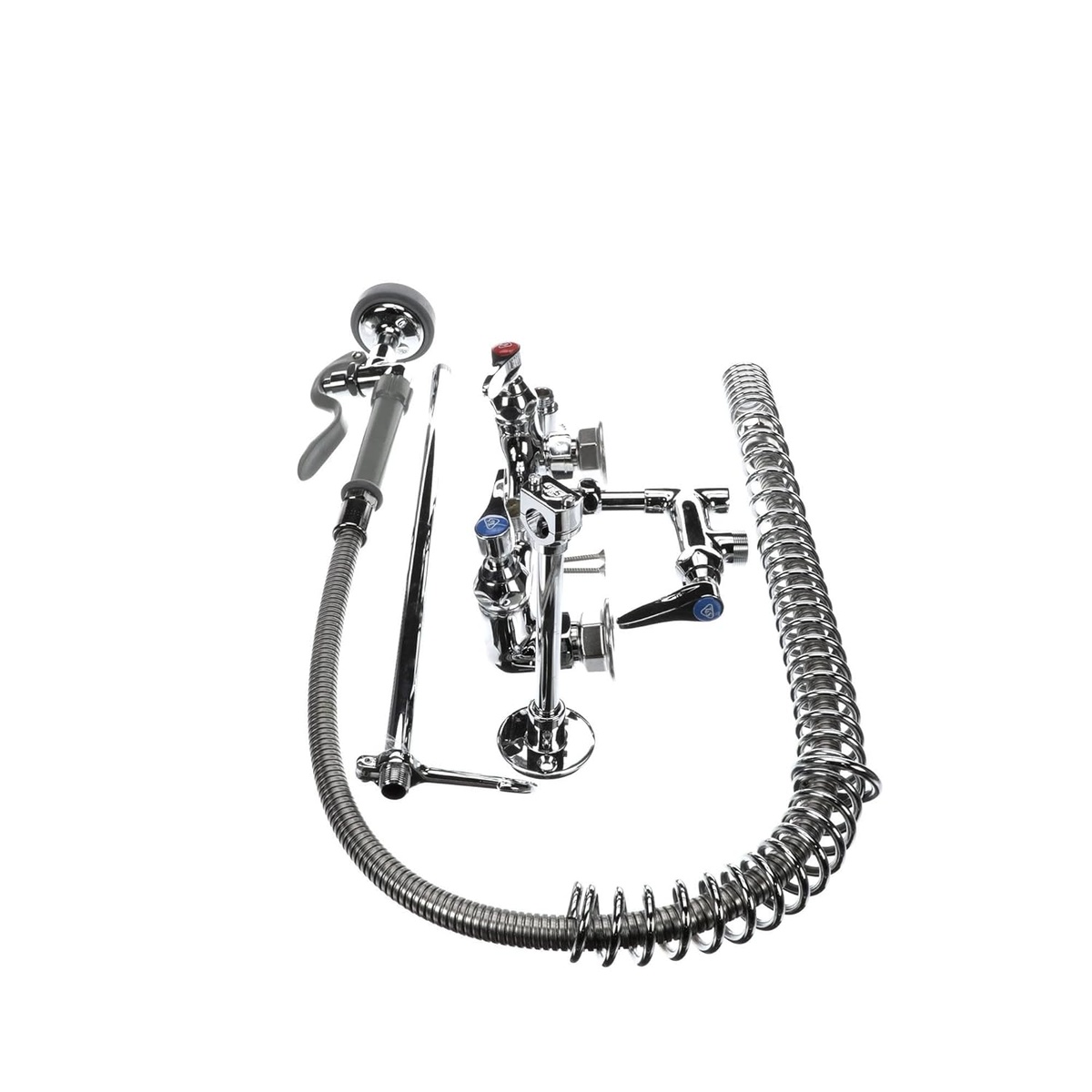 T&S Brass pre-rinse faucet assembly showing lever handles with color-coded indexes, coil spring body, and spray valve from a side angle