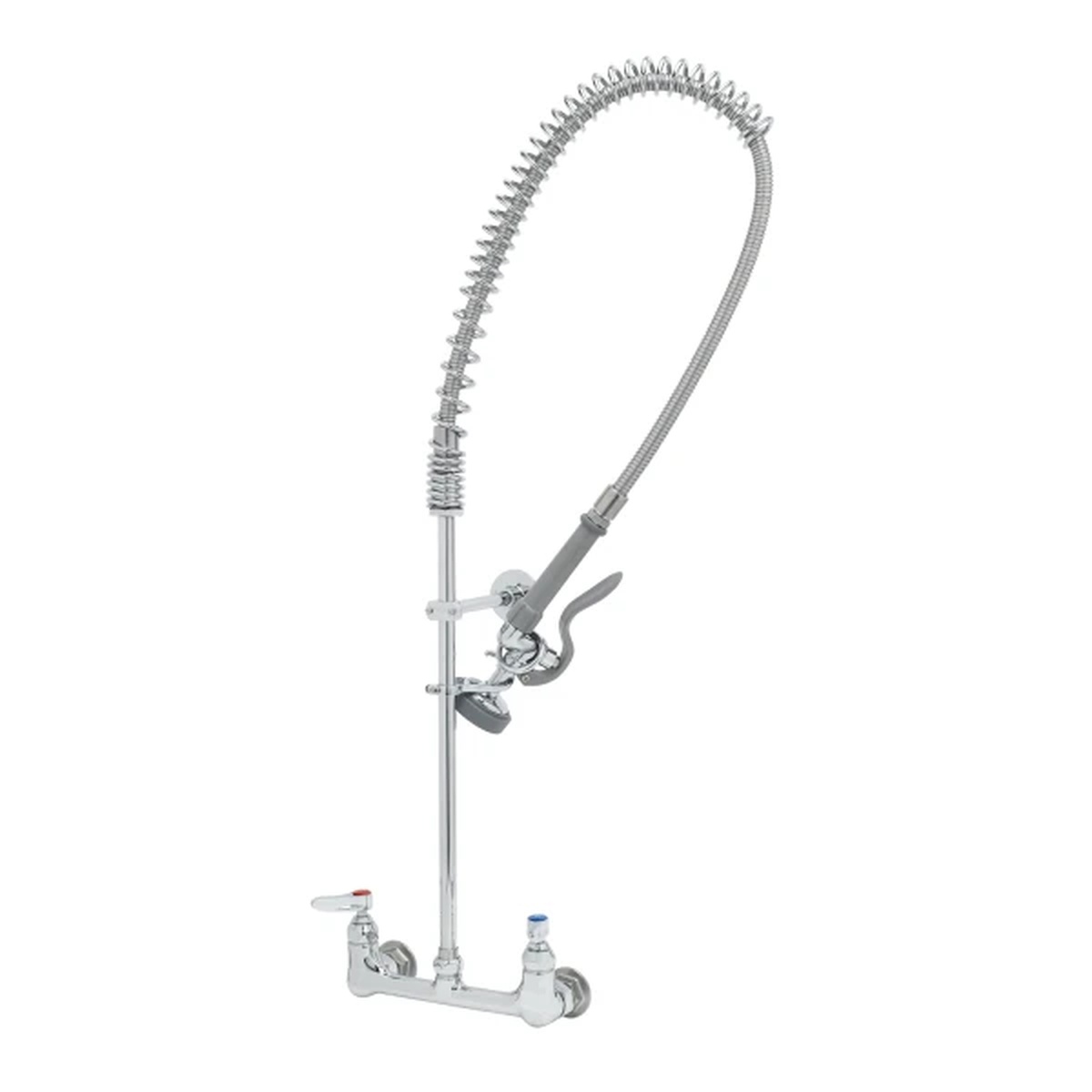 T&S Brass B-0133-B EasyInstall wall mount pre-rinse unit with overhead spring, flexible stainless steel hose, spray valve, and lever handles in polished chrome