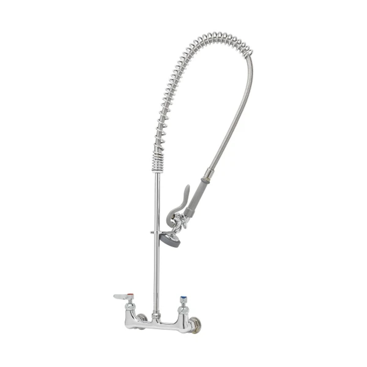 T&S Brass B-0133-CR EasyInstall pre-rinse unit with wall mount base, 18-inch riser, overhead spring, 44-inch flexible stainless steel hose, and spray valve in polished chrome