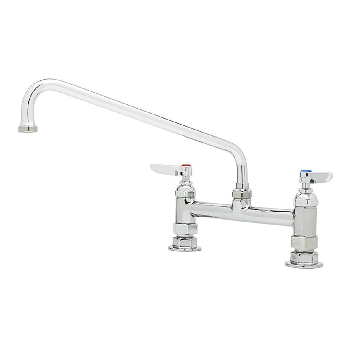 T&S B-0221 deck mount mixing faucet with 12-inch swing nozzle and lever handles, polished chrome finish