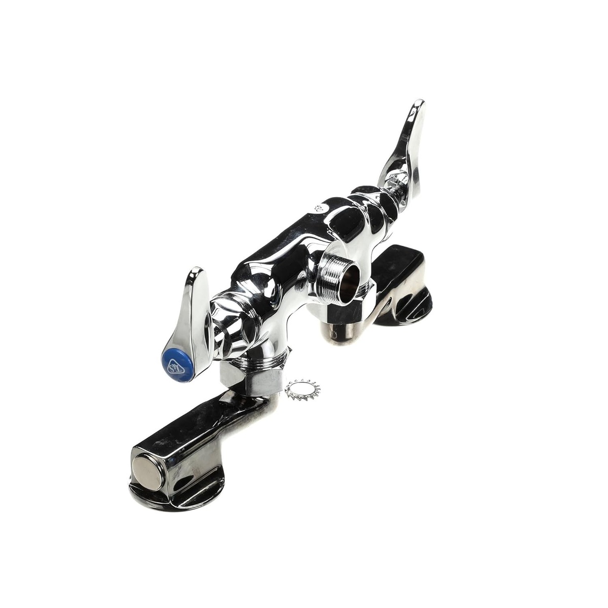 T&S Brass B-0235-LN faucet showing swivel outlet port and adjustable inlet arms, side-angle view