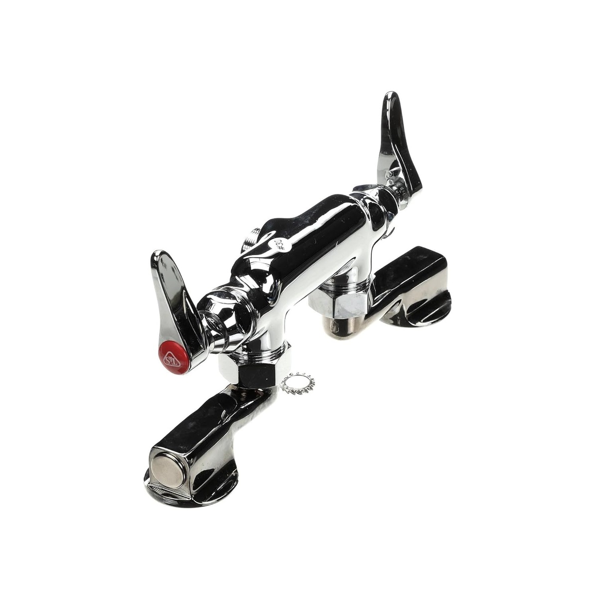 T&S Brass B-0235-LN faucet assembly showing lever handles and spring check cartridges, rear-angle view
