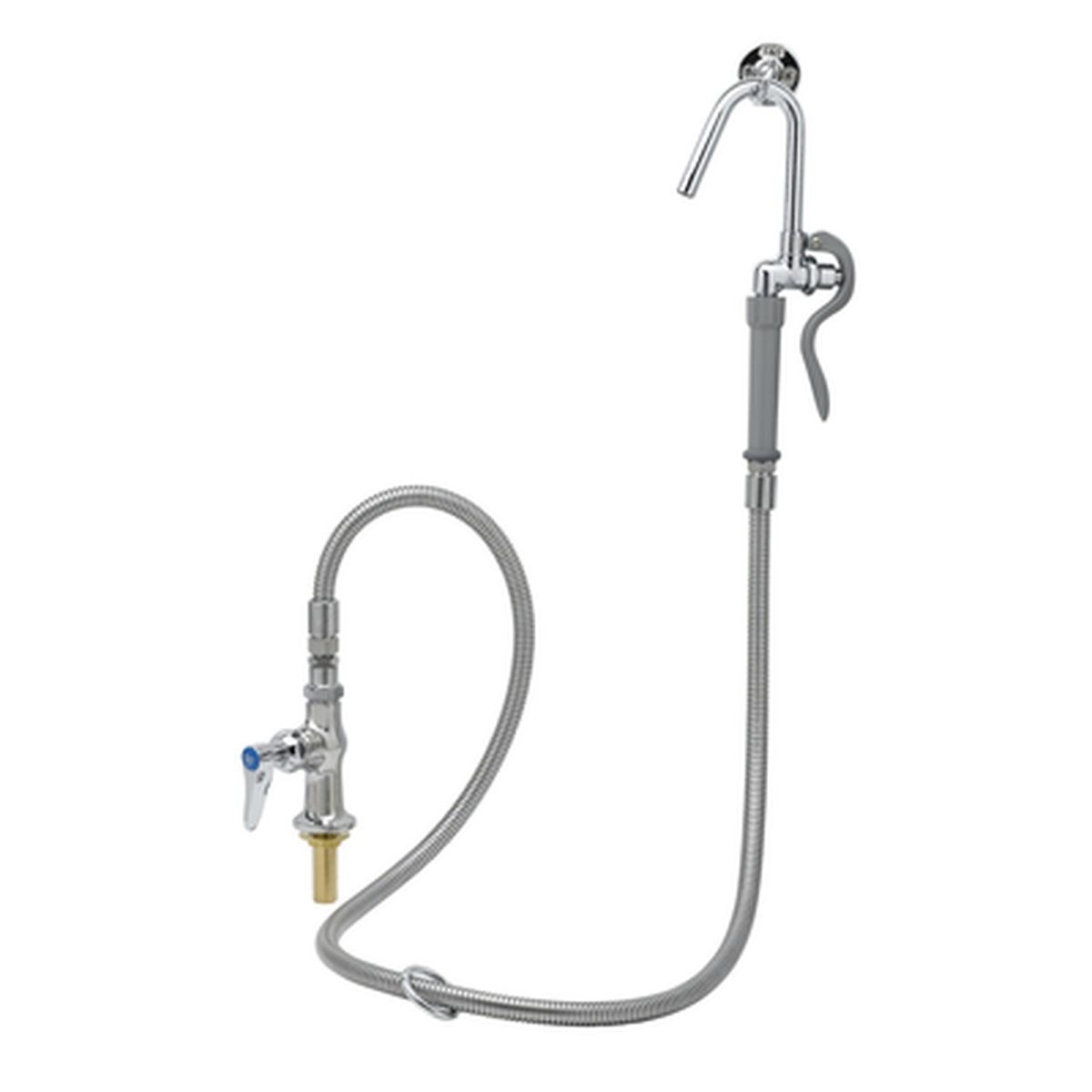 T&S Brass B-0305-102A-CR single pantry base faucet with 68-inch stainless steel flex hose, hook nozzle, lever handle, and wall hook on white background