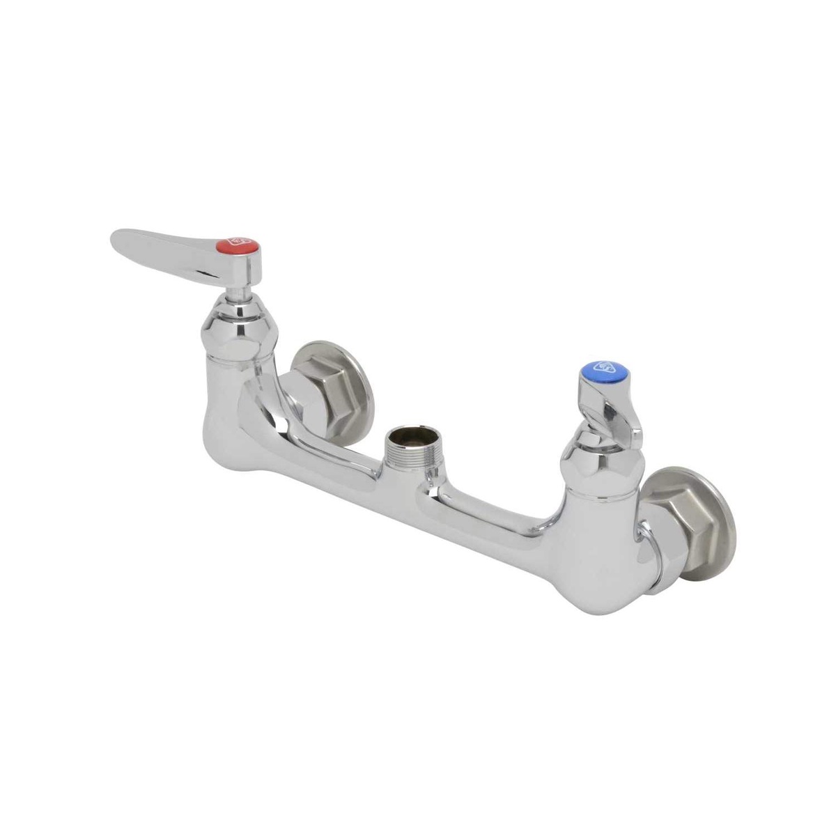 T&S Brass B-0330 double pantry faucet base angled view showing chrome body, lever handles, and center nozzle outlet