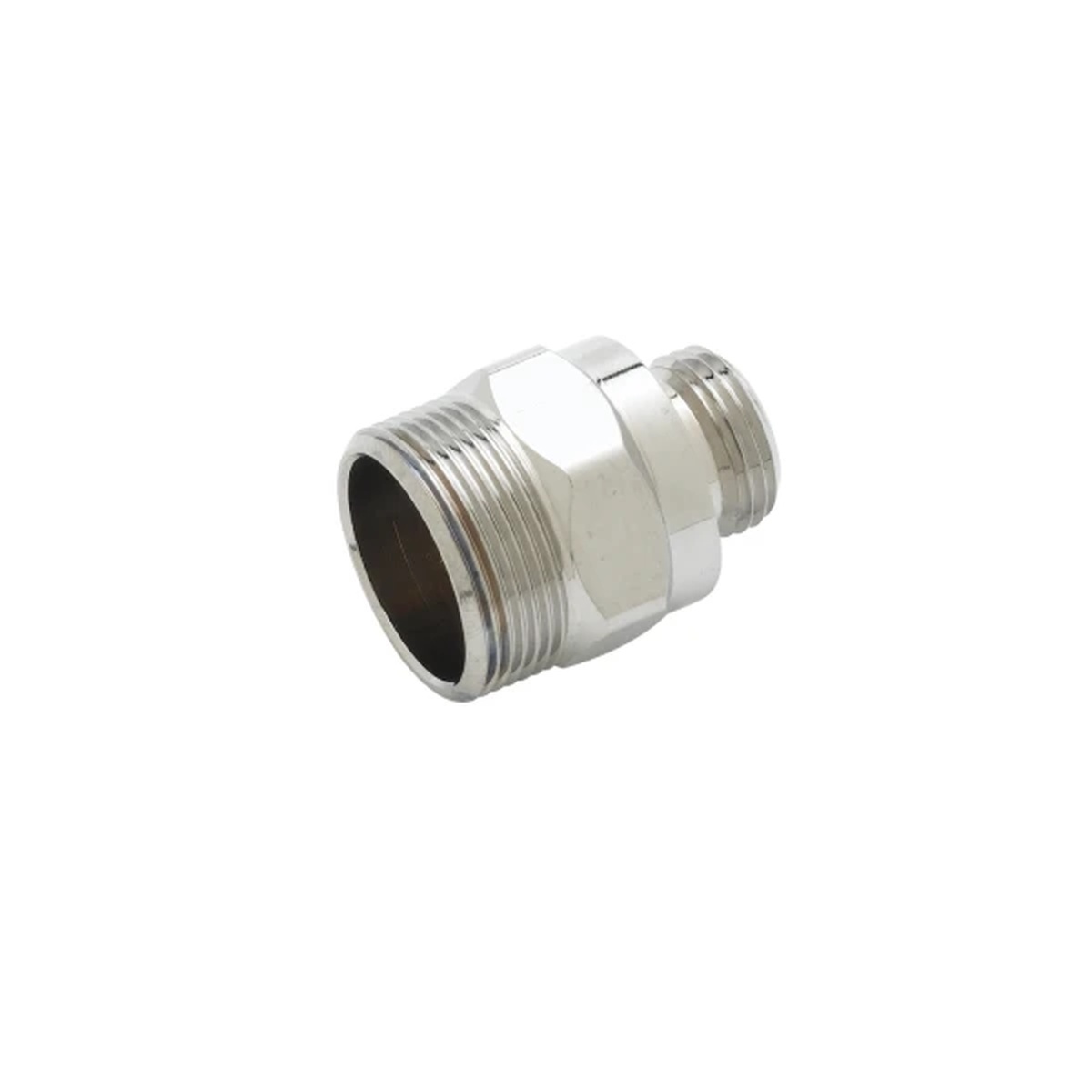 T&S Brass B-0412 polished chrome-plated rigid to swivel adapter with 3/8 inch NPT male inlet and 1-20 UN male swivel outlet