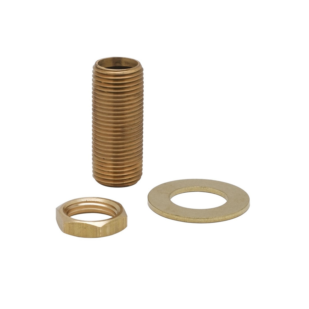 T&S Brass B-0425 Supply Nipple Kit showing threaded brass nipple, hexagonal locknut, and flat lock washer