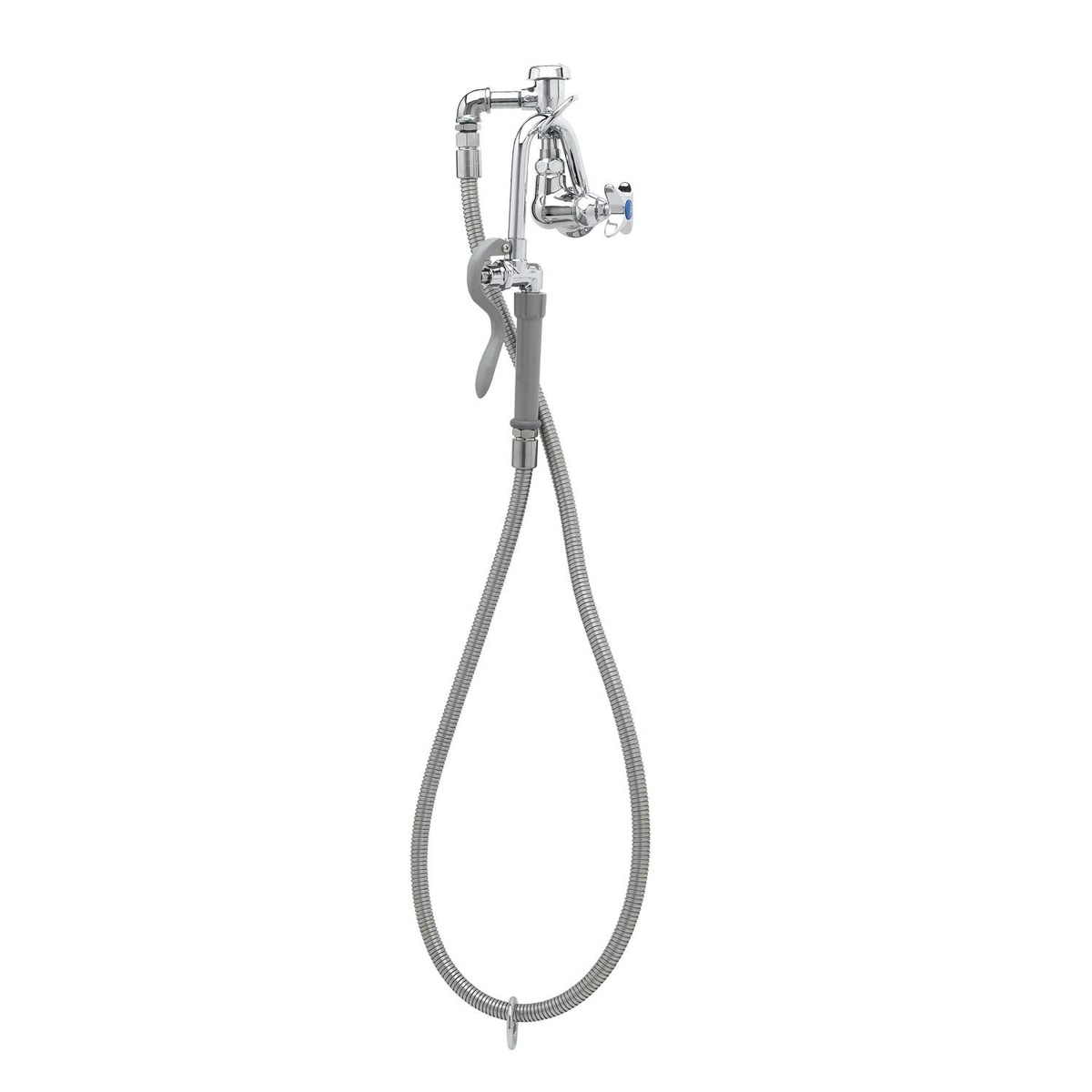 T&S Brass B-0605 wall-mount pot filler with 68-inch stainless steel hose, 4-arm knob, and gray heat-resistant handle