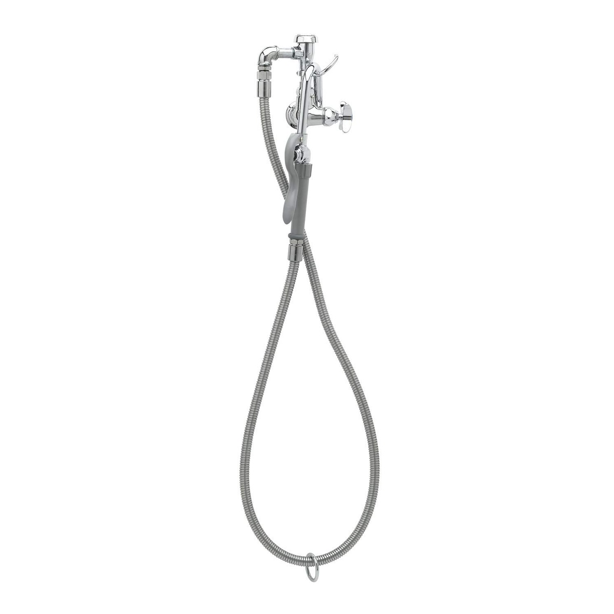 T&S Brass B-0605 pot filler side view showing chrome faucet body, vacuum breaker, and full stainless steel hose loop