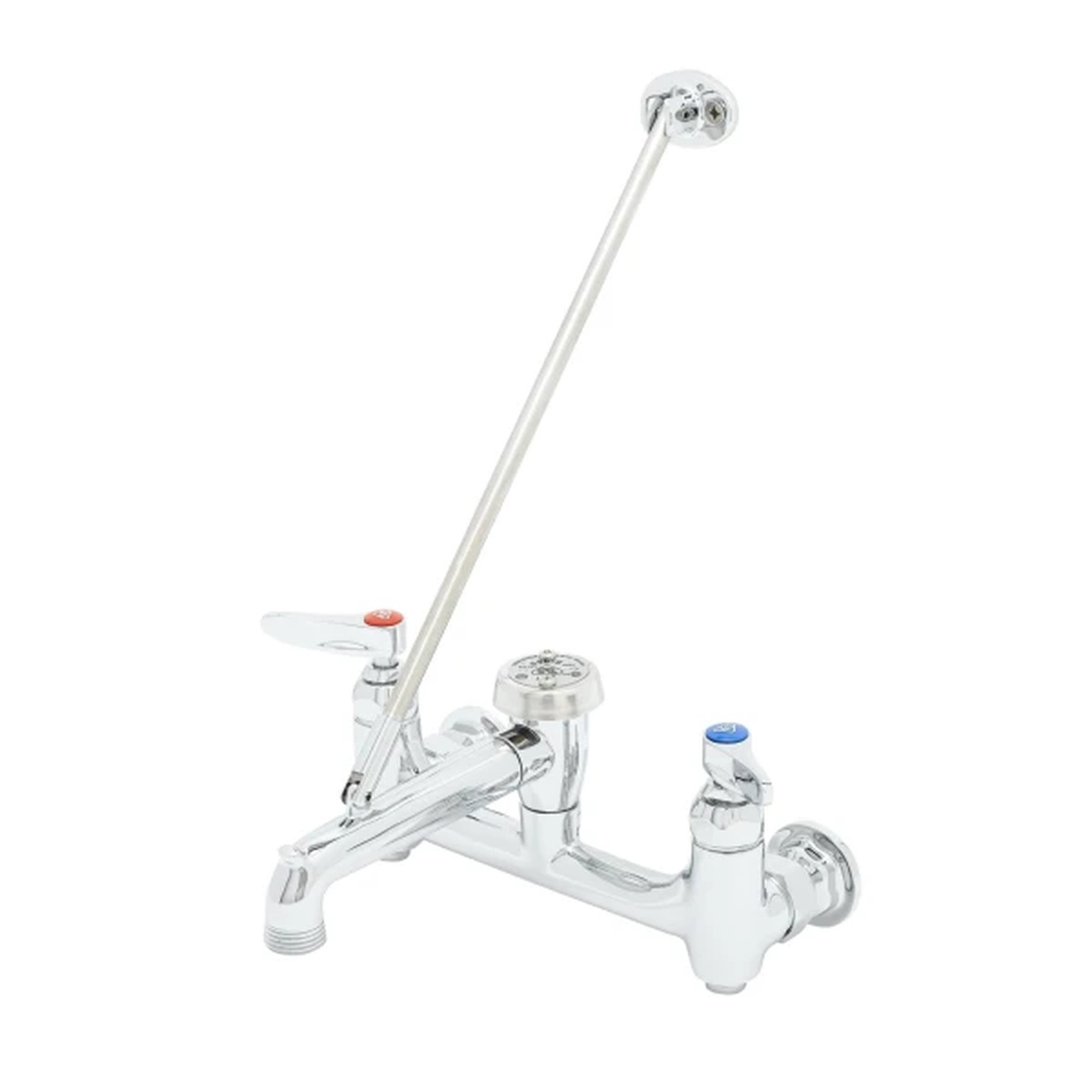 T&S Brass B-0665-BSTP wall mount service sink faucet with polished chrome finish, lever handles, vacuum breaker, and garden hose outlet