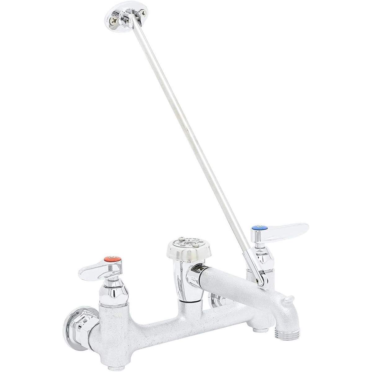 T&S Brass B-0665-BSTR 8-inch wall mount service sink faucet with rough chrome body, lever handles, vacuum breaker spout, pail hook, and upper support rod
