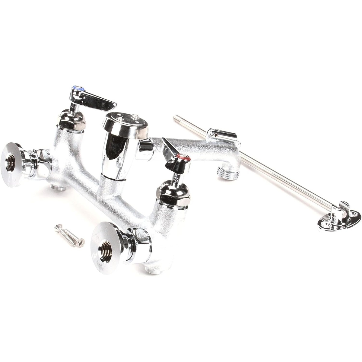 T&S Brass B-0665-CR-BSTR service sink faucet assembly with lever handles, support rod, and wall brackets laid out