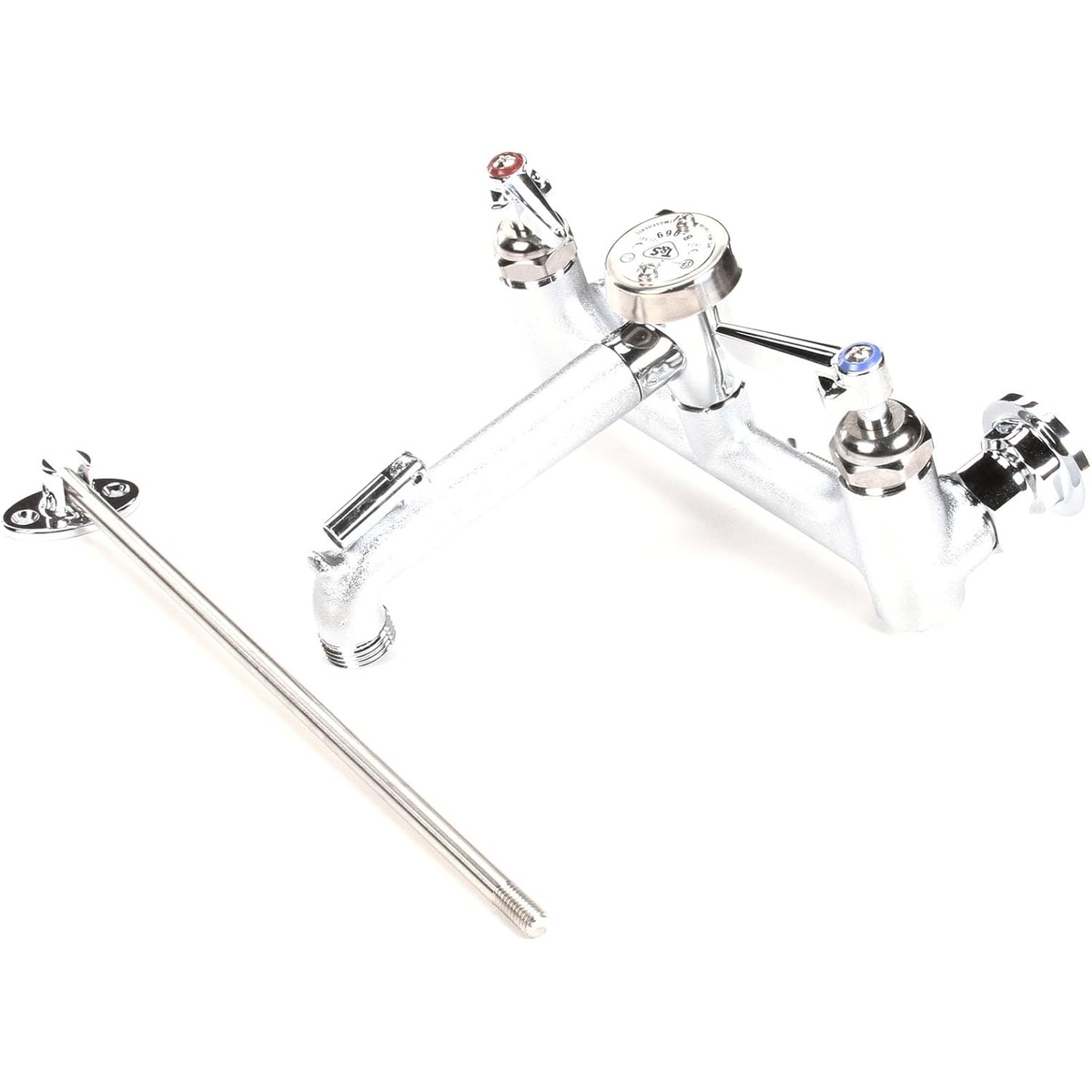 T&S Brass service sink faucet top-down view showing rough chrome body, check stop valves, and support rod bracket