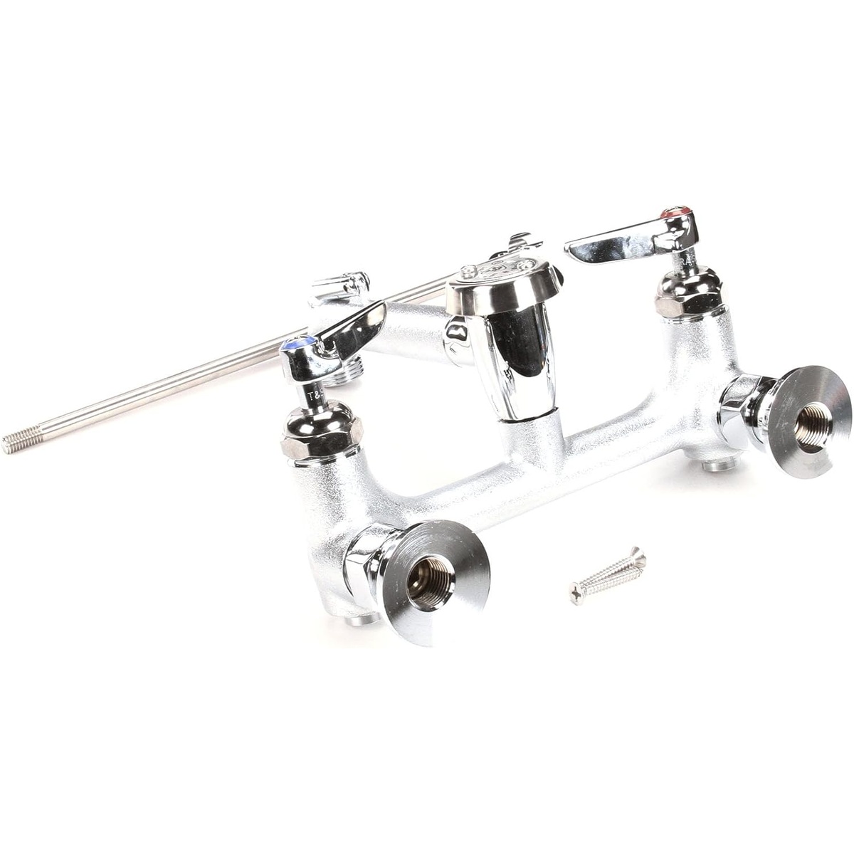 T&S Brass service sink faucet front view showing 8-inch center mounting configuration with lever handles and mounting hardware