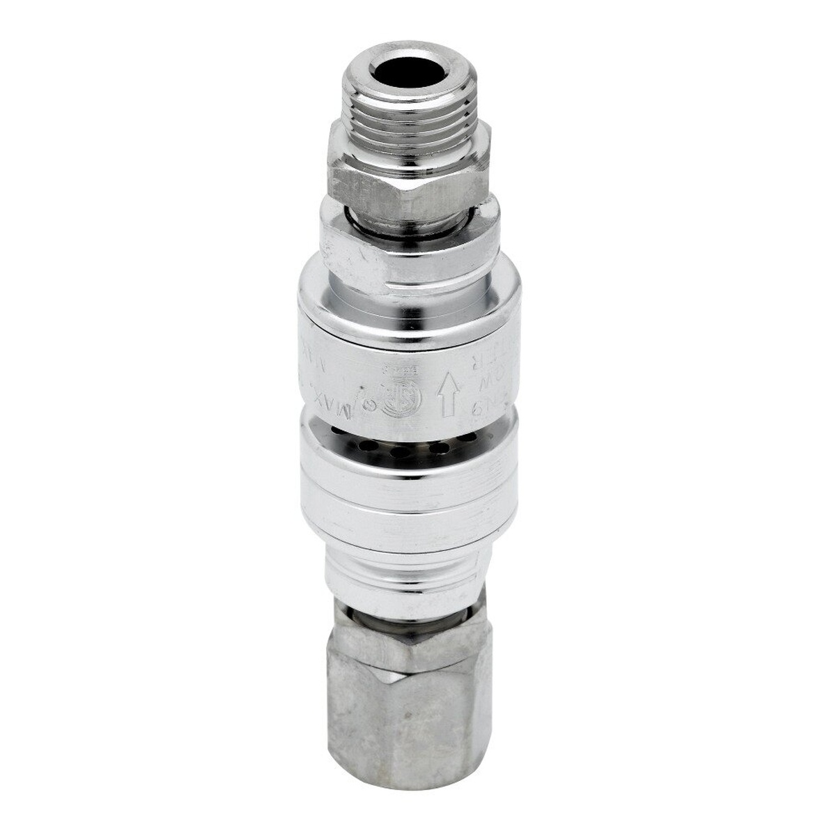T&S Brass B-0970-01 continuous pressure vacuum breaker showing chrome body with threaded NPT inlet and outlet connections