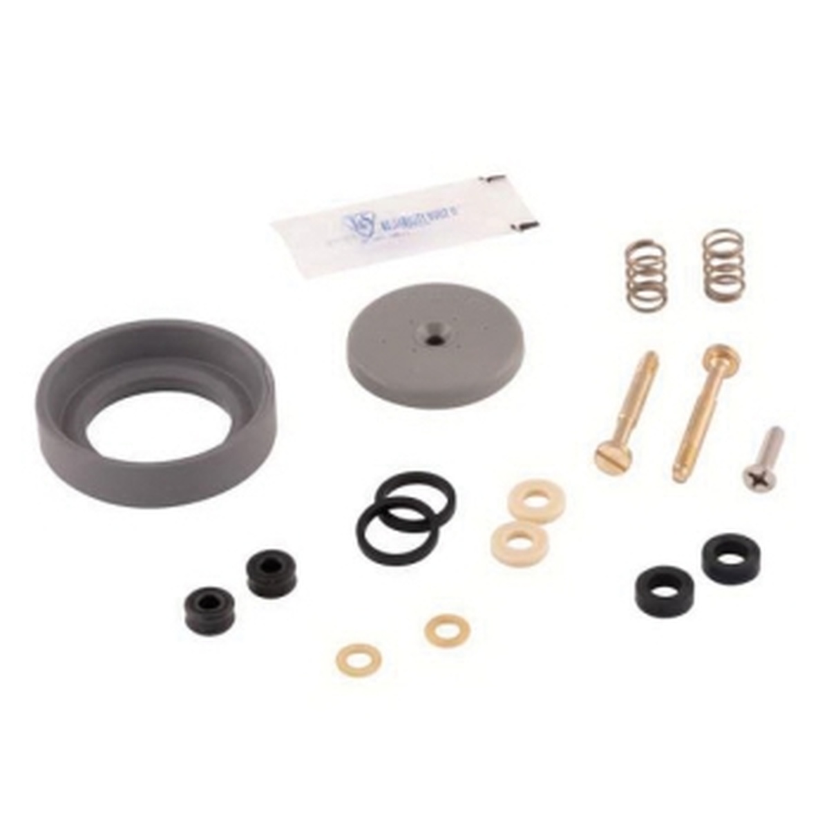 T&S Brass B-10K repair kit components including spray face, valve stem, springs, and various washers and seals.