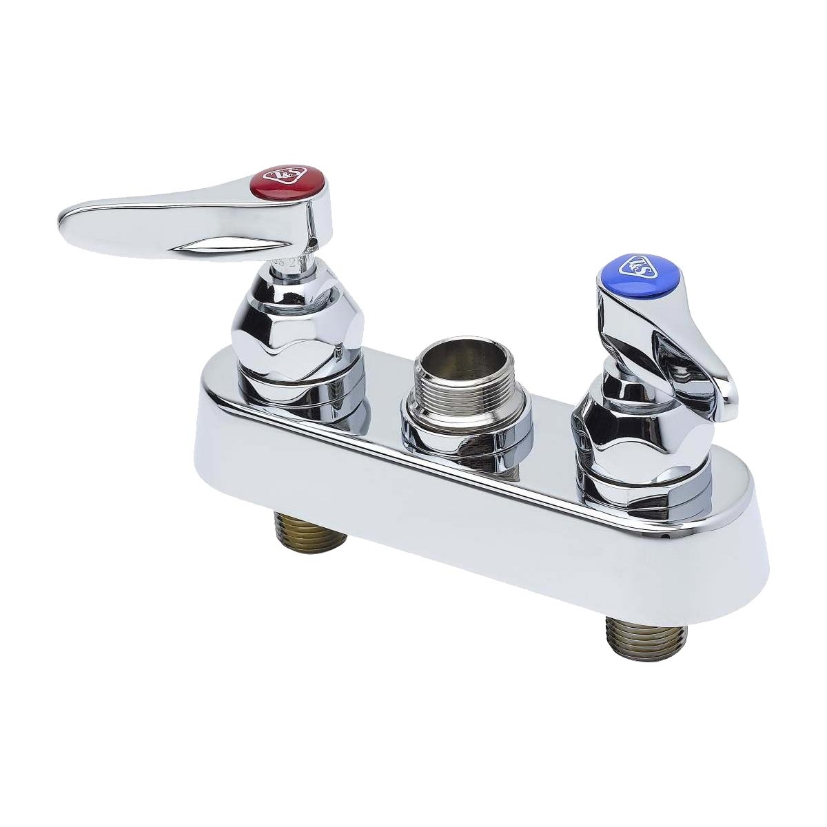 T&S Brass B-1110-LN deck mount workboard faucet base with color-coded lever handles and swivel outlet, chrome finish