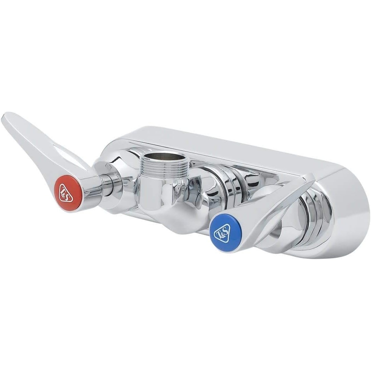 T&S Brass B-1115-CR-LN 4-inch wall mount workboard faucet with two chrome lever handles and threaded center outlet