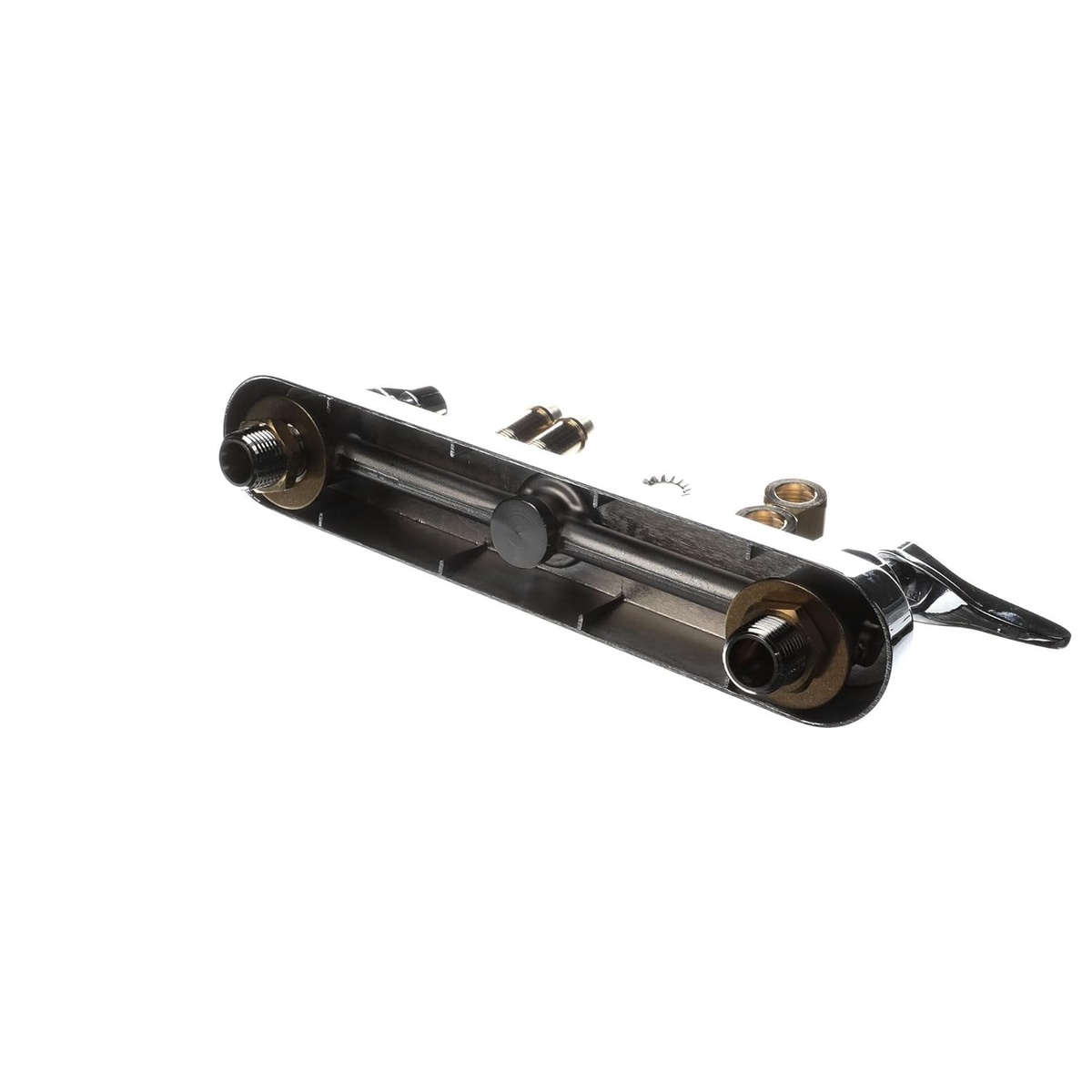 T&S Brass B-1120-LN workboard faucet top-down view showing escutcheon body, inlet shanks, and mounting hardware