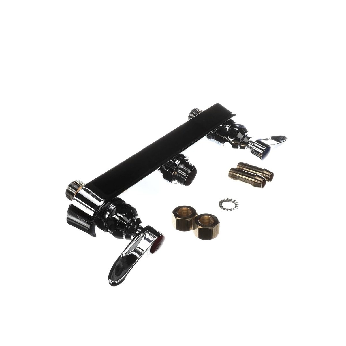 T&S Brass B-1120-LN workboard faucet alternate angle showing both lever handles, escutcheon, and brass nut hardware