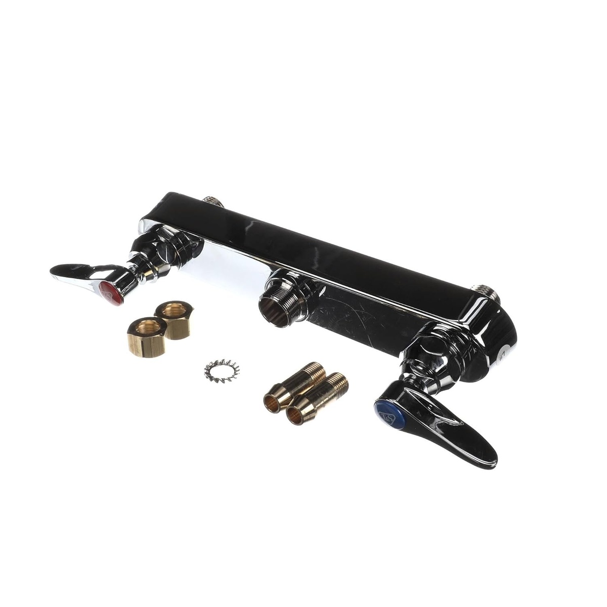 T&S Brass B-1120-LN workboard faucet front view with chrome handles and included brass hardware fittings