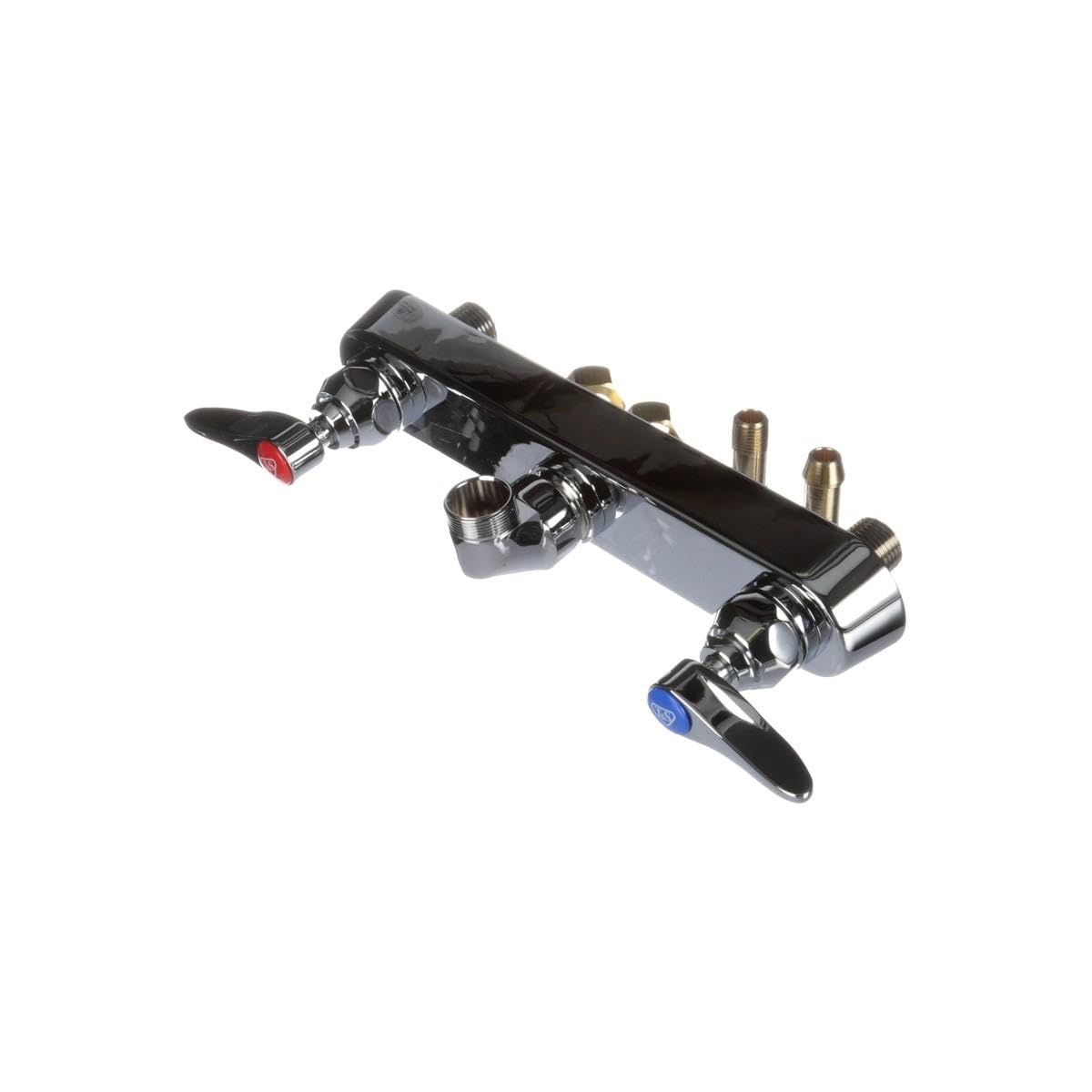 T&S Brass B-1125-LN workboard faucet angled view showing color-coded lever handles and chrome body