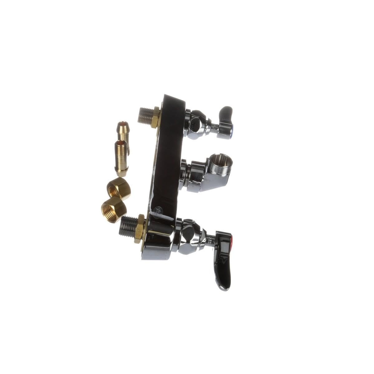 T&S Brass B-1125-LN faucet end view showing chrome lever handle, brass fittings, and mounting hardware