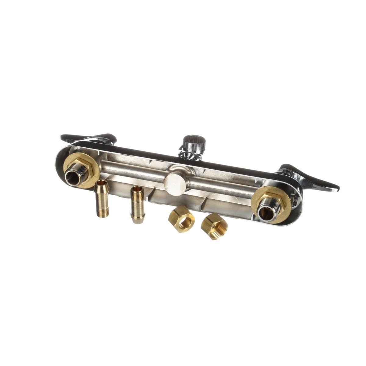 T&S Brass B-1125-LN faucet side view showing chrome-plated body, brass inlet connections, and swivel outlet port